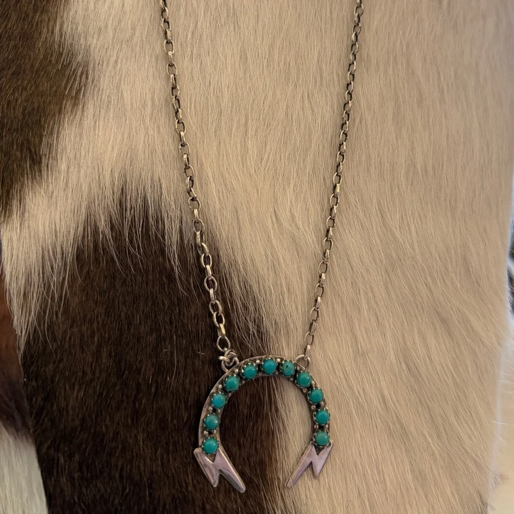 ❤️ Kingman Turquoise Lightning Horseshoe Pendant 22” ADJ Necklace 17.1G Unisex